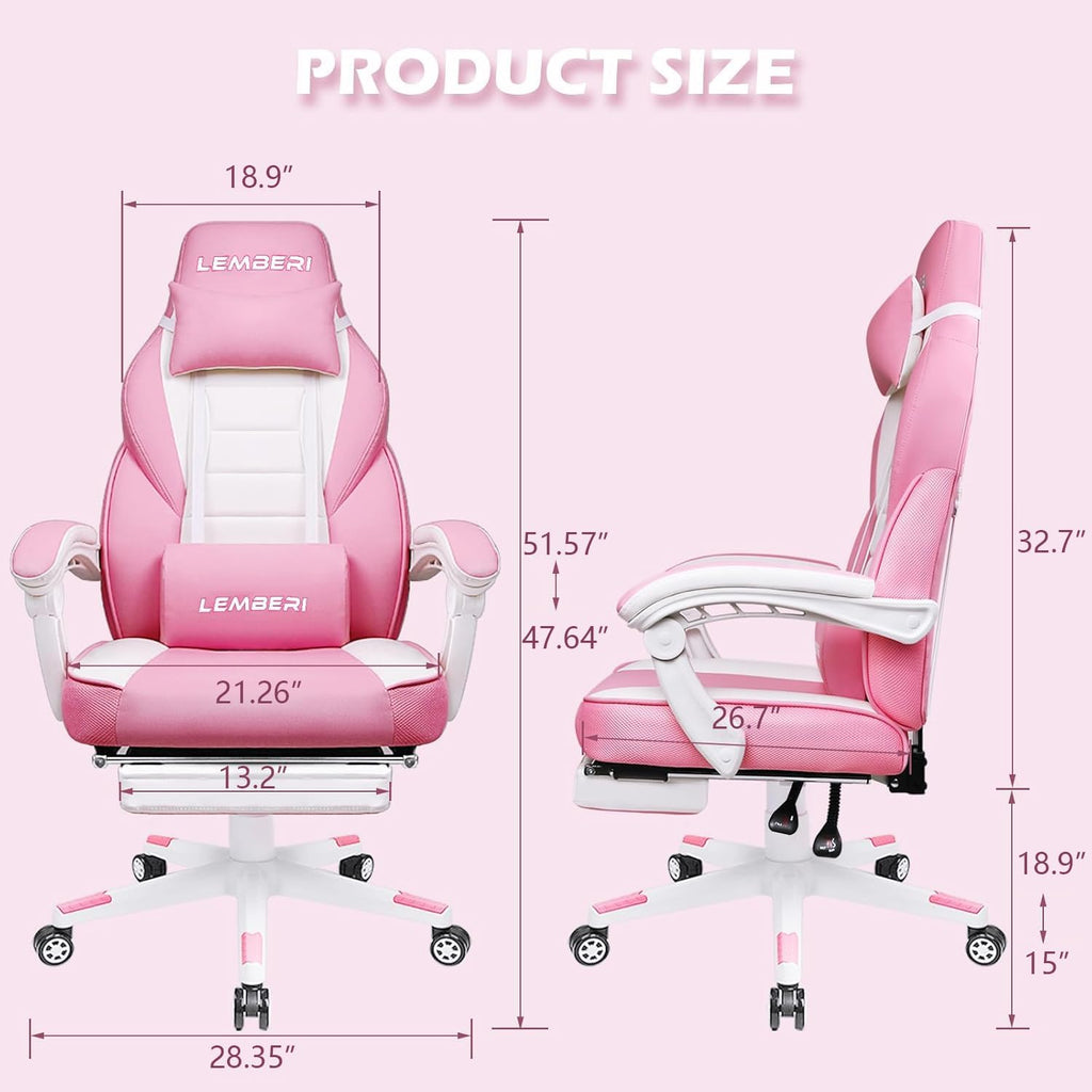 LEMBERI Pink Gaming Chair with footrest, Kawaii Cute Pink Gamer Chair for Girl,Girls Video Game Chairs,Computer Gaming Chair with Headrest and Lumbar Support