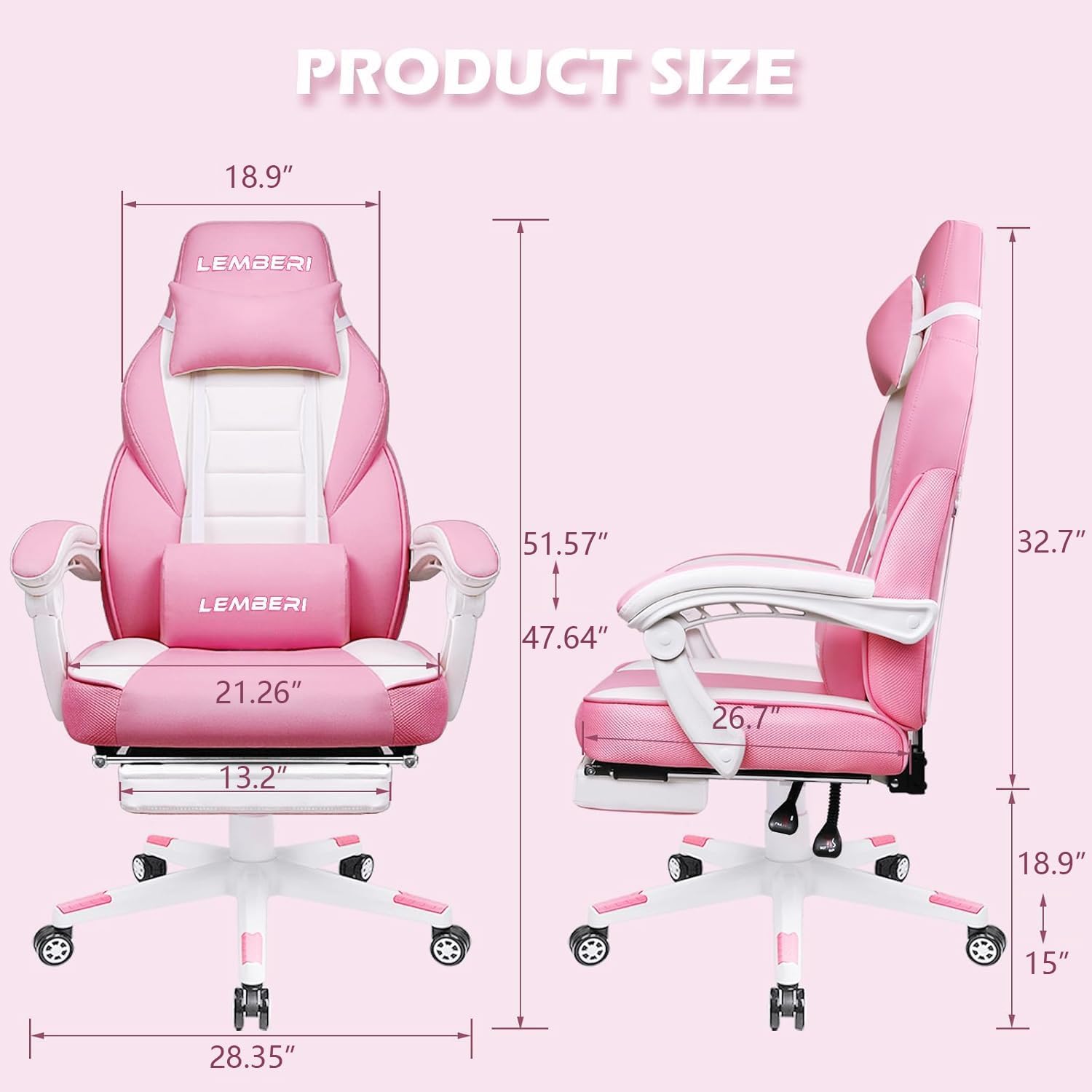 LEMBERI Pink Gaming Chair with footrest, Kawaii Cute Pink Gamer Chair for Girl,Girls Video Game Chairs,Computer Gaming Chair with Headrest and Lumbar Support
