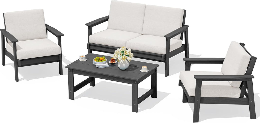SERWALL HDPE Outdoor Furniture Set 4, All Weather Wood-Like Outdoor Sofa Sectional Couch, Grey Patio Furniture Set with Khaki Cushions