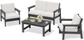 SERWALL HDPE Outdoor Furniture Set 4, All Weather Wood-Like Outdoor Sofa Sectional Couch, Grey Patio Furniture Set with Khaki Cushions