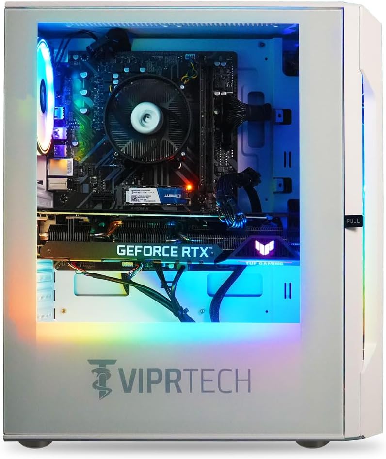 ViprTech Rebel 5.0 Gaming PC - AMD Ryzen 7 (4.1Ghz Turbo), RTX 5060 8GB, 16GB DDR4 RAM, 1TB SSD, VR-Ready, Streaming, WiFi BT, RGB, Win 11 Pro, Prebuilt Desktop Computer, White