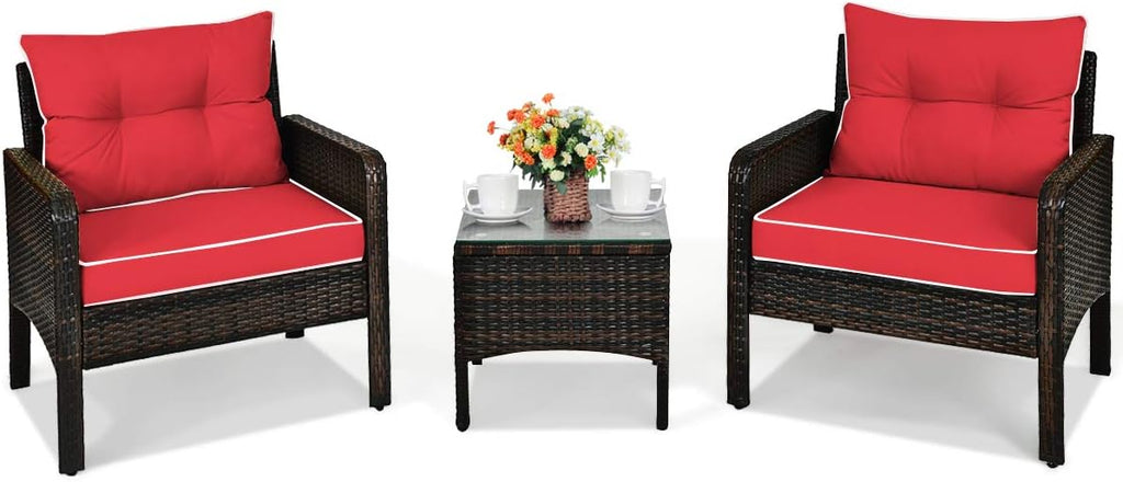 HAPPYGRILL 3 Pieces Patio Furniture Set Outdoor Rattan Wicker Coffee Table & Chairs Set with Seat Cushions Patio Conversation Set for Garden Balcony Backyard Poolside