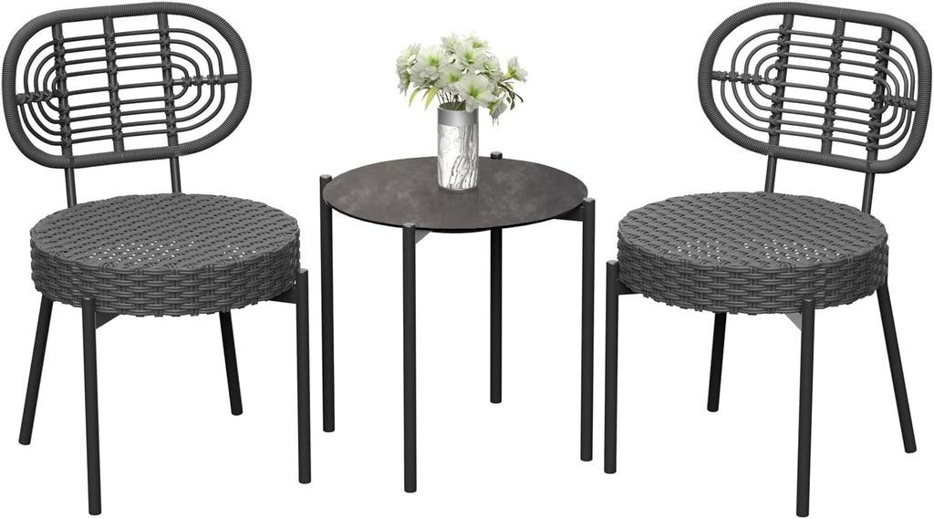 GarveeLife 3 Piece Wicker Patio Bistro Furniture Set, Outdoor Dining Chairs, Includes 2 Rattan Chairs and Tempered Glass Table, for Garden, Backyard, Balcony, Apartment, Black & Grey