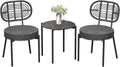 GarveeLife 3 Piece Wicker Patio Bistro Furniture Set, Outdoor Dining Chairs, Includes 2 Rattan Chairs and Tempered Glass Table, for Garden, Backyard, Balcony, Apartment, Black & Grey