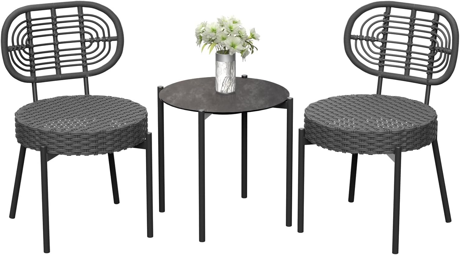GarveeLife 3 Piece Wicker Patio Bistro Furniture Set, Outdoor Dining Chairs, Includes 2 Rattan Chairs and Tempered Glass Table, for Garden, Backyard, Balcony, Apartment, Black & Grey