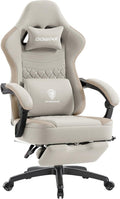 Dowinx Gaming Chair Breathable Fabric Game Chair with Gel Pad and Storage Bag, Comfortable Gamer Chair with Pocket Spring Cushion, Ergonomic Computer Chair with Footrest, Beige and Brown