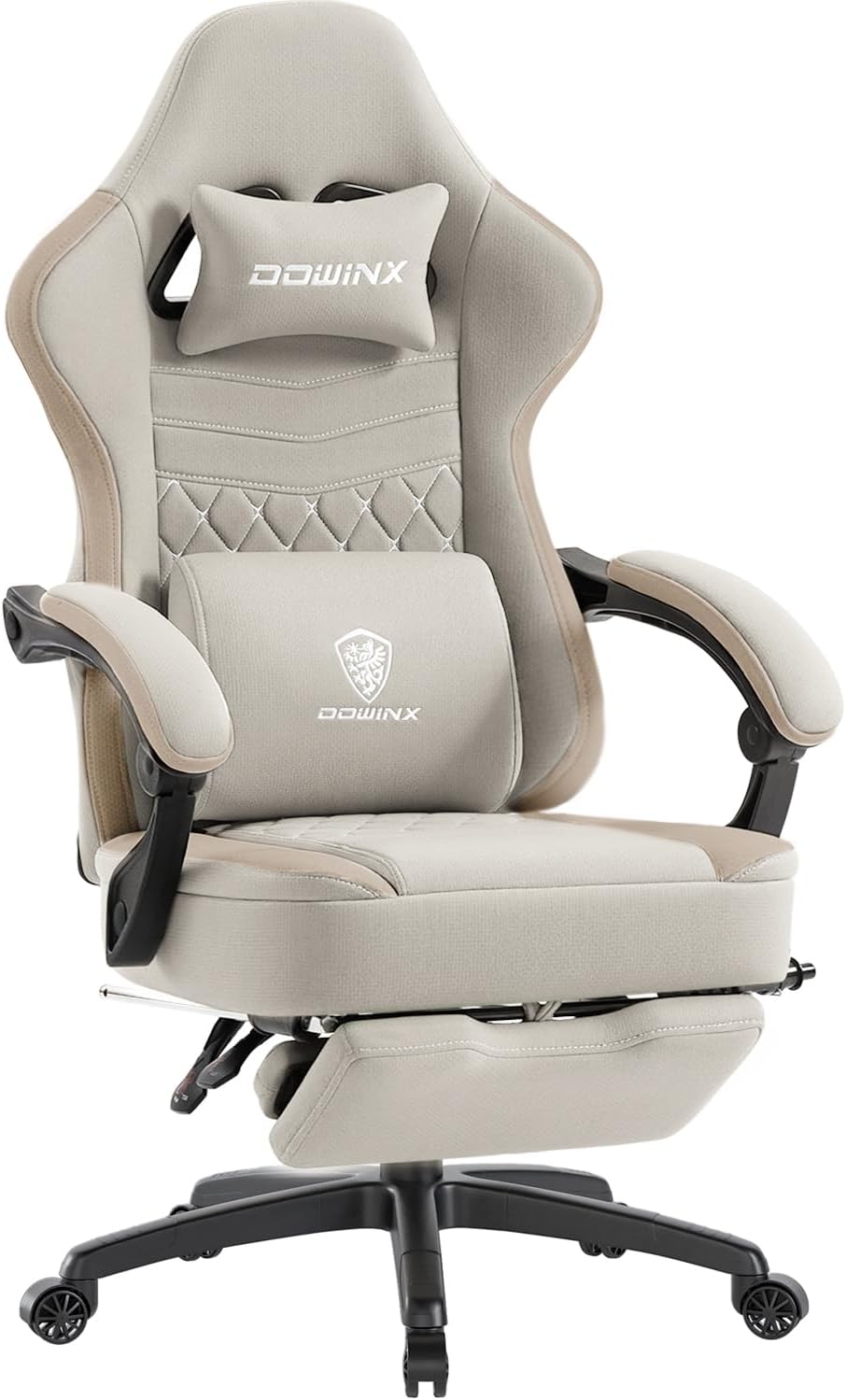 Dowinx Gaming Chair Breathable Fabric Game Chair with Gel Pad and Storage Bag, Comfortable Gamer Chair with Pocket Spring Cushion, Ergonomic Computer Chair with Footrest, Beige and Brown