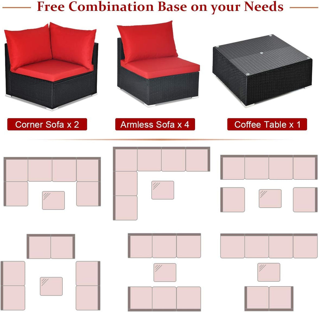 Tangkula 7 Piece Patio Furniture Set, Outdoor Sectional Sofa w/Pillows and Cushions, Wicker Sofa Conversation Set with Coffee Table, Patio Sofa and Tea Table Set for Garden, Lawn (Red)