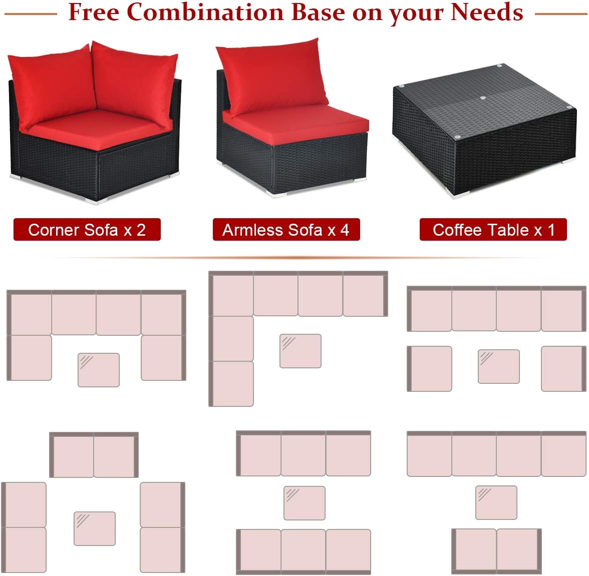 Tangkula 7 Piece Patio Furniture Set, Outdoor Sectional Sofa w/Pillows and Cushions, Wicker Sofa Conversation Set with Coffee Table, Patio Sofa and Tea Table Set for Garden, Lawn (Red)