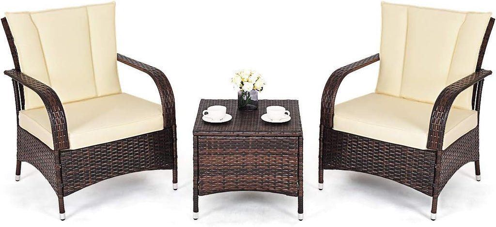 Tangkula 3 Piece Patio Furniture Set, 2 Wicker Chairs with Glass Top Coffee Table, Outdoor Garden Porch Poolside Furniture Set for 2, Rattan Conversation Set