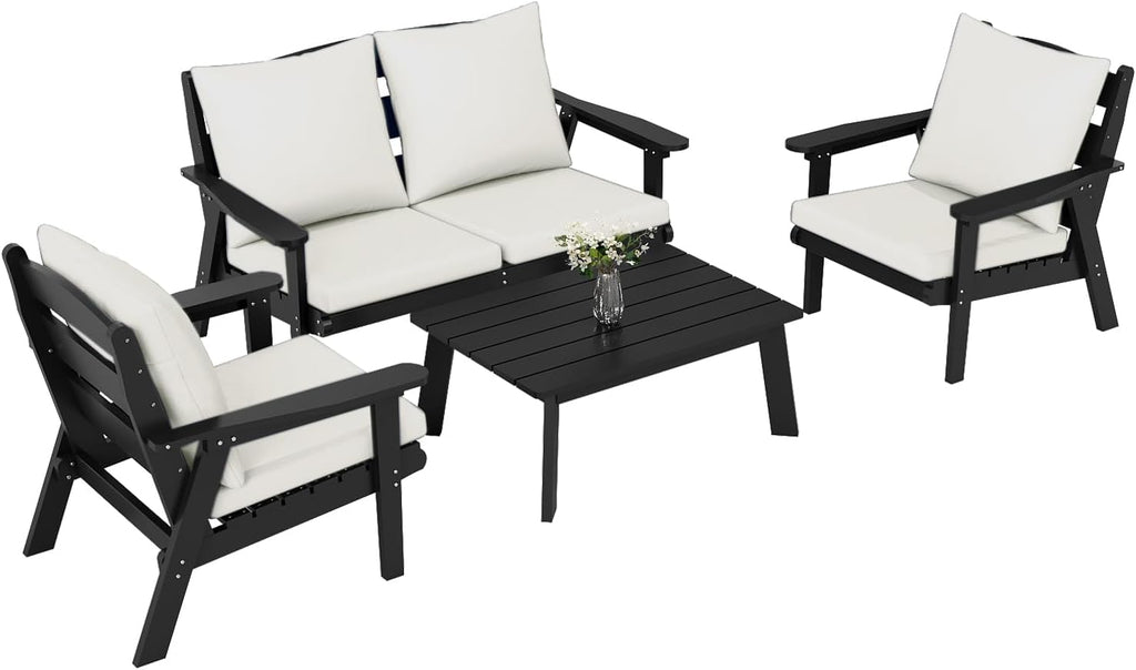 FOOWIN 4-Piece Patio Furniture Set, HDPE All-Weather Outdoor Conversation Set with Thick Cushions, Sectional Patio Sofa Furniture for Deck, Porch, Lawn, Garden, Black Frame & White Cushion