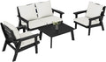 FOOWIN 4-Piece Patio Furniture Set, HDPE All-Weather Outdoor Conversation Set with Thick Cushions, Sectional Patio Sofa Furniture for Deck, Porch, Lawn, Garden, Black Frame & White Cushion