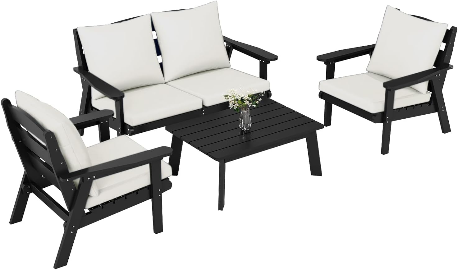 FOOWIN 4-Piece Patio Furniture Set, HDPE All-Weather Outdoor Conversation Set with Thick Cushions, Sectional Patio Sofa Furniture for Deck, Porch, Lawn, Garden, Black Frame & White Cushion