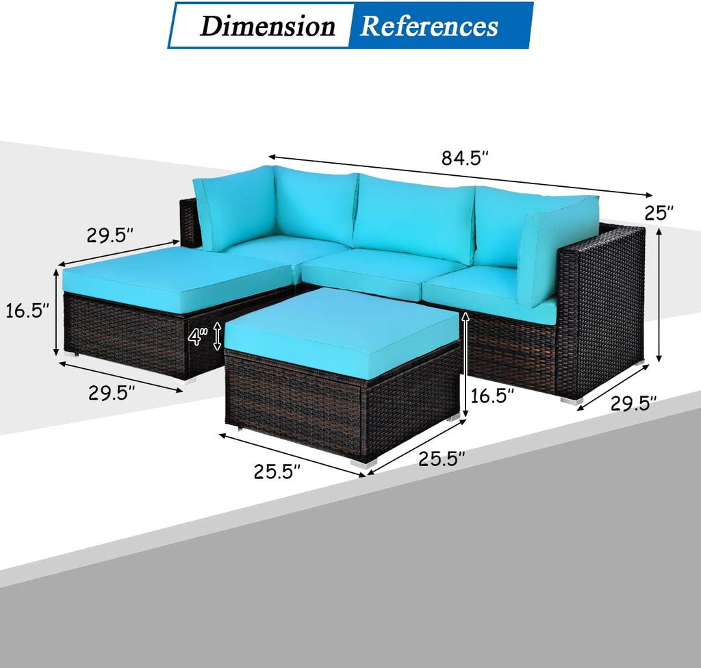 Tangkula 5 Piece Patio Furniture Set, Outdoor Sectional Rattan Sofa Set with Cushions and Coffee Table, Suitable for Backyard Porch Garden Poolside and Deck, Wicker Conversation Set (Turquoise)