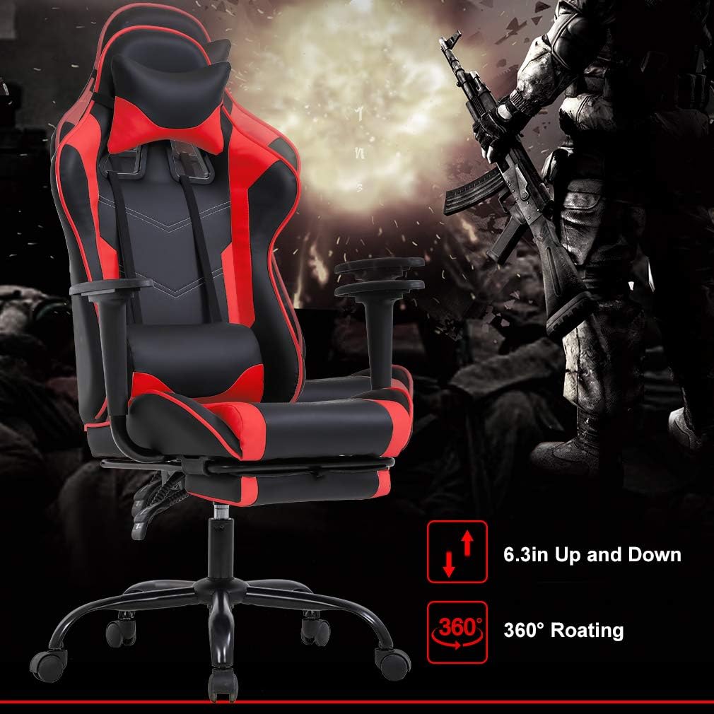 BestOffice Women's Red Gaming Chair, Sturdy Faux Leather, 360-Degree Rotating, Lumbar Support, Massage Vibration, Easy Assembly, 21.7'W x 20.9'D x 45'H