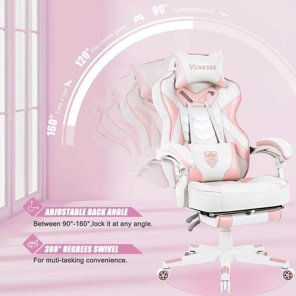 Vonesse Pink Gaming Chair, Big and Tall Gaming Chair with Footrest and Massage, Gaming Chairs for Adults with Lumbar Support, Ergonomic High Back Computer Chair with Pocket Spring Cushion (White/Pink)