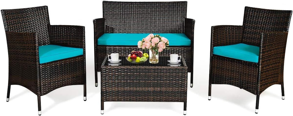 COSTWAY Outdoor Rattan Patio Furniture Set 4 Pieces, Wicker Rattan Cushioned Conversation Conversation Chairs with Coffee Table for Backyard Balcony Porch Poolside, Turquoise