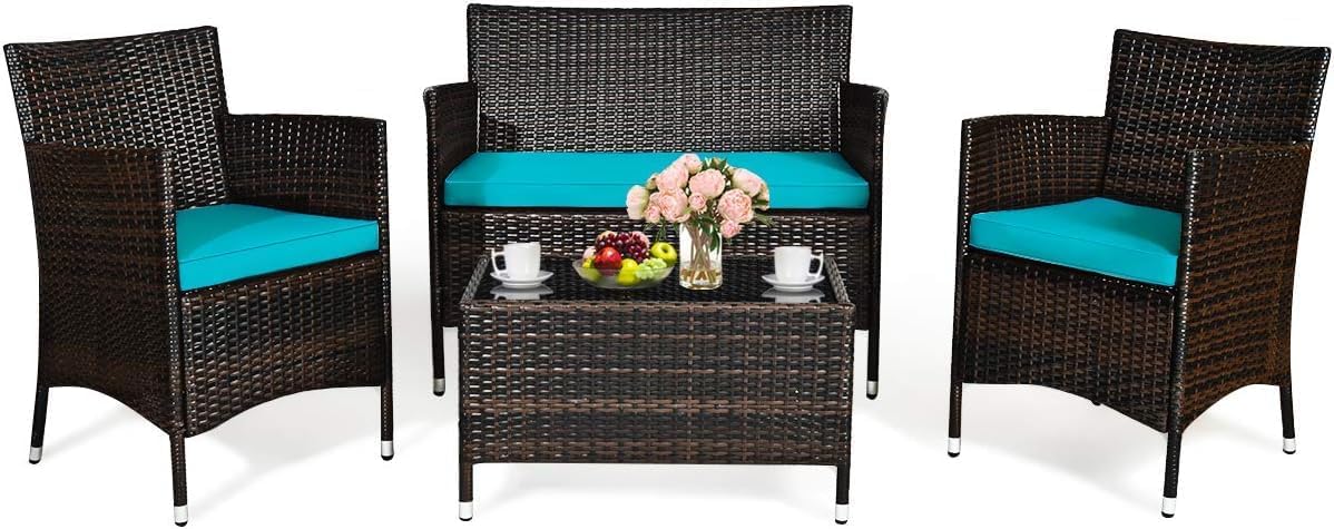 COSTWAY Outdoor Rattan Patio Furniture Set 4 Pieces, Wicker Rattan Cushioned Conversation Conversation Chairs with Coffee Table for Backyard Balcony Porch Poolside, Turquoise