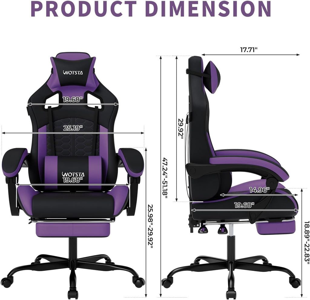 Gaming Chair with Massage,Ergonomic PC Gaming Chair with Footrest Comfortable Headrest and Lumbar Support,High Back Game Chair PVC Leather,300LBS (BlackPurple)