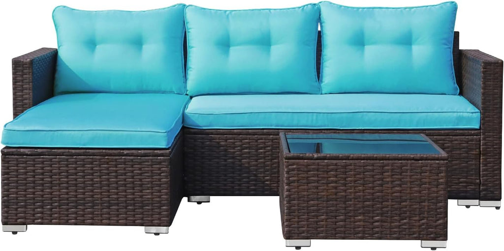JOIVI Outdoor Patio Furniture Set, All Weather Outdoor Sectional Conversation Set, Wicker Furniture Sofa Set, Outdoor Patio Seating with Cushions, Tempered Glass Coffee Table, L-Shaped, Turquoise