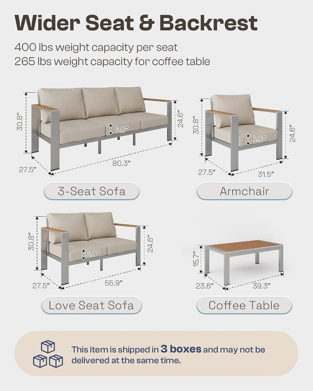 Aluminum Outdoor Sofa Bistro Set, 3 Piece Outdoor Patio Furniture Set with Washable Thick Cushion, Patio Sectional Furniture Set for Porch, Balcony, Deck, Yard, Silver
