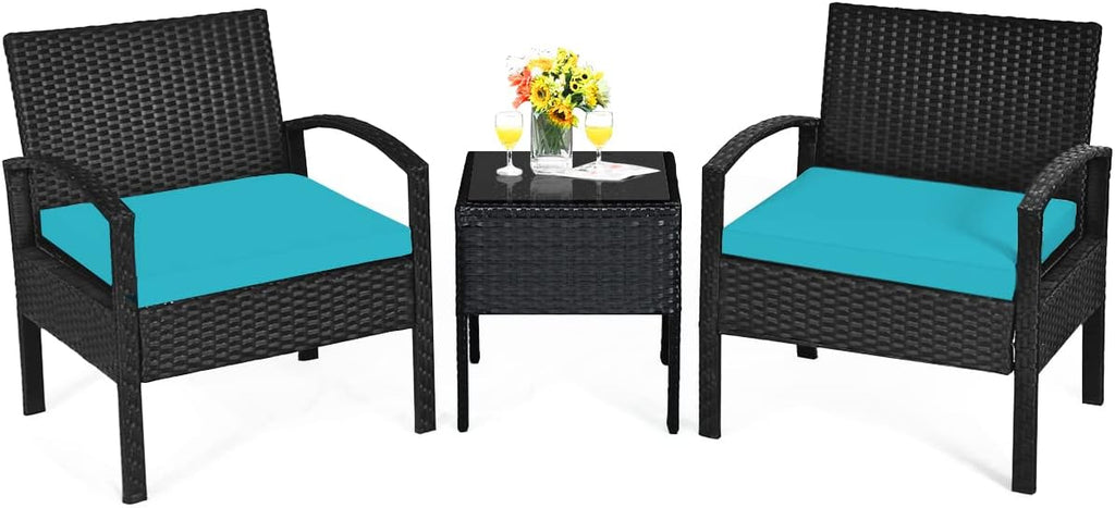 Tangkula 3 Piece Patio Conversation Set, Outdoor Rattan Sofa Set with Seat Cushions & Coffee Table, Patio Wicker Furniture Set for Garden Balcony Backyard Poolside (Turquoise)