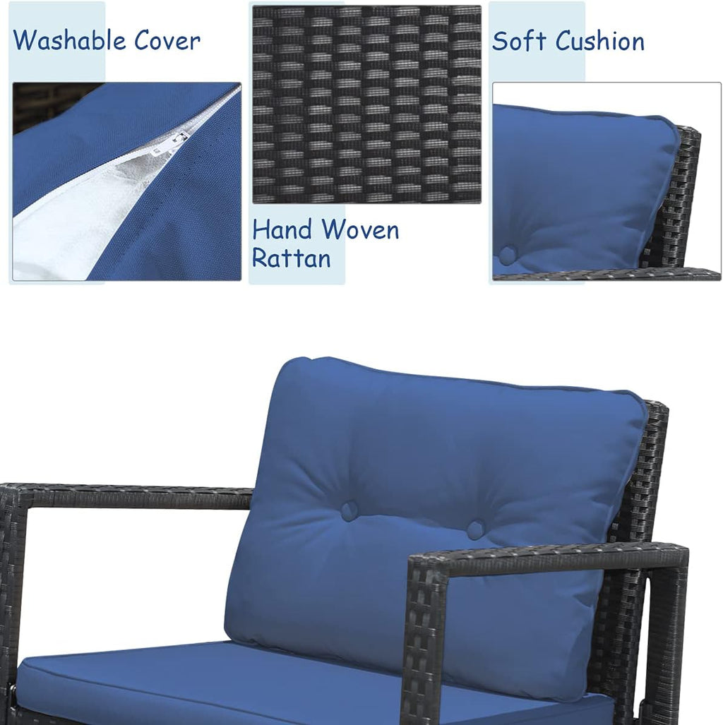 COSTWAY 3 Pieces Patio Rattan Rocking Chair Set, Outdoor Conversation Furniture Sets with Coffee Table, Storage Shelf and Cushions, Modern Bistro Set for Porch, Backyard, Garden, Navy