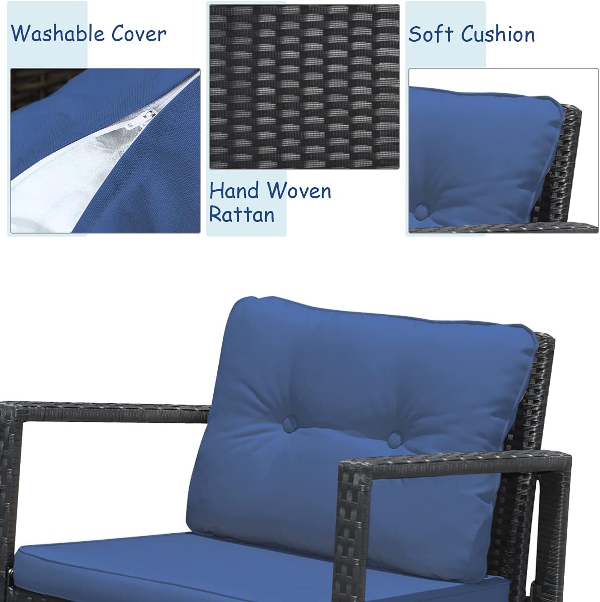 COSTWAY 3 Pieces Patio Rattan Rocking Chair Set, Outdoor Conversation Furniture Sets with Coffee Table, Storage Shelf and Cushions, Modern Bistro Set for Porch, Backyard, Garden, Navy