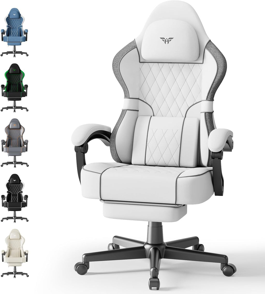 Ferghana Gaming Chair, Breathable Fabric Computer Chair with Footrest and Linkage Armrest, Ergonomic Office Game Chair with Massage Lumbar Support for Adult, White