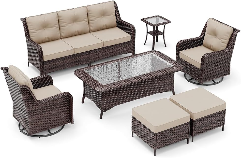 Kurapika 7-Piece Patio Furniture Set, Wicker Thick-Backed Outdoor Swivel Rocking Chair, Includes Coffee Table and Thick Cushions, Conversation Set for Porch,Patio, Sand