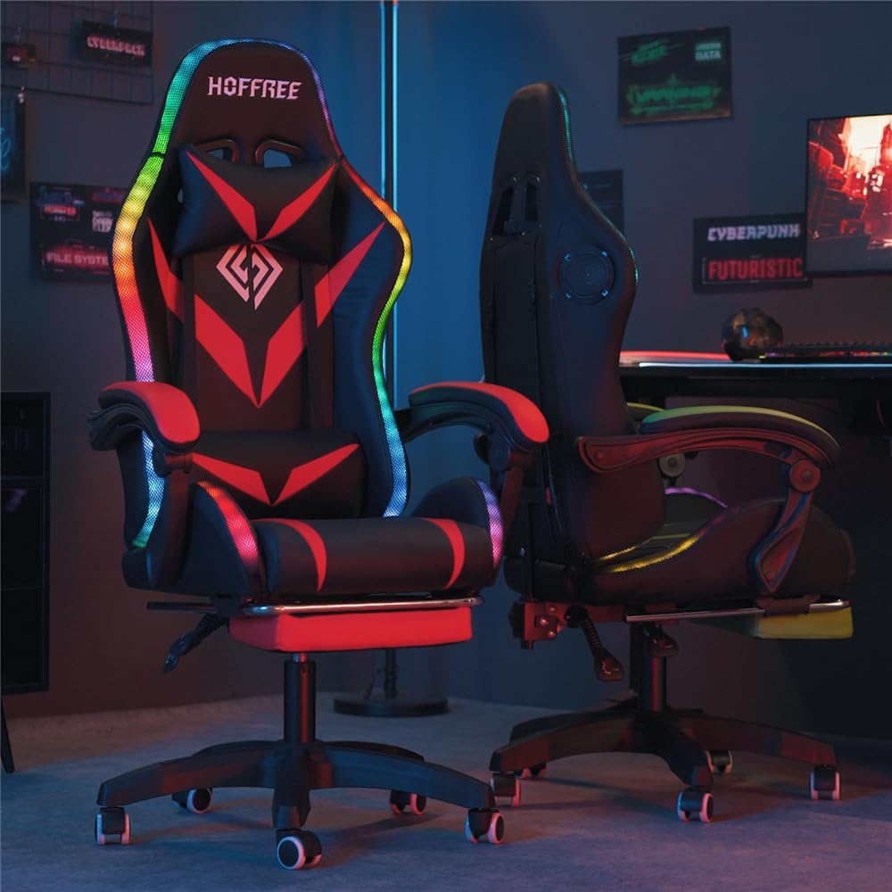 HOFFREE RGB Gaming Chair with Speakers and Massage Ergonomic Computer Chair with Lights and Footrest Reclining Video Game Chairs for Adults Red and Black
