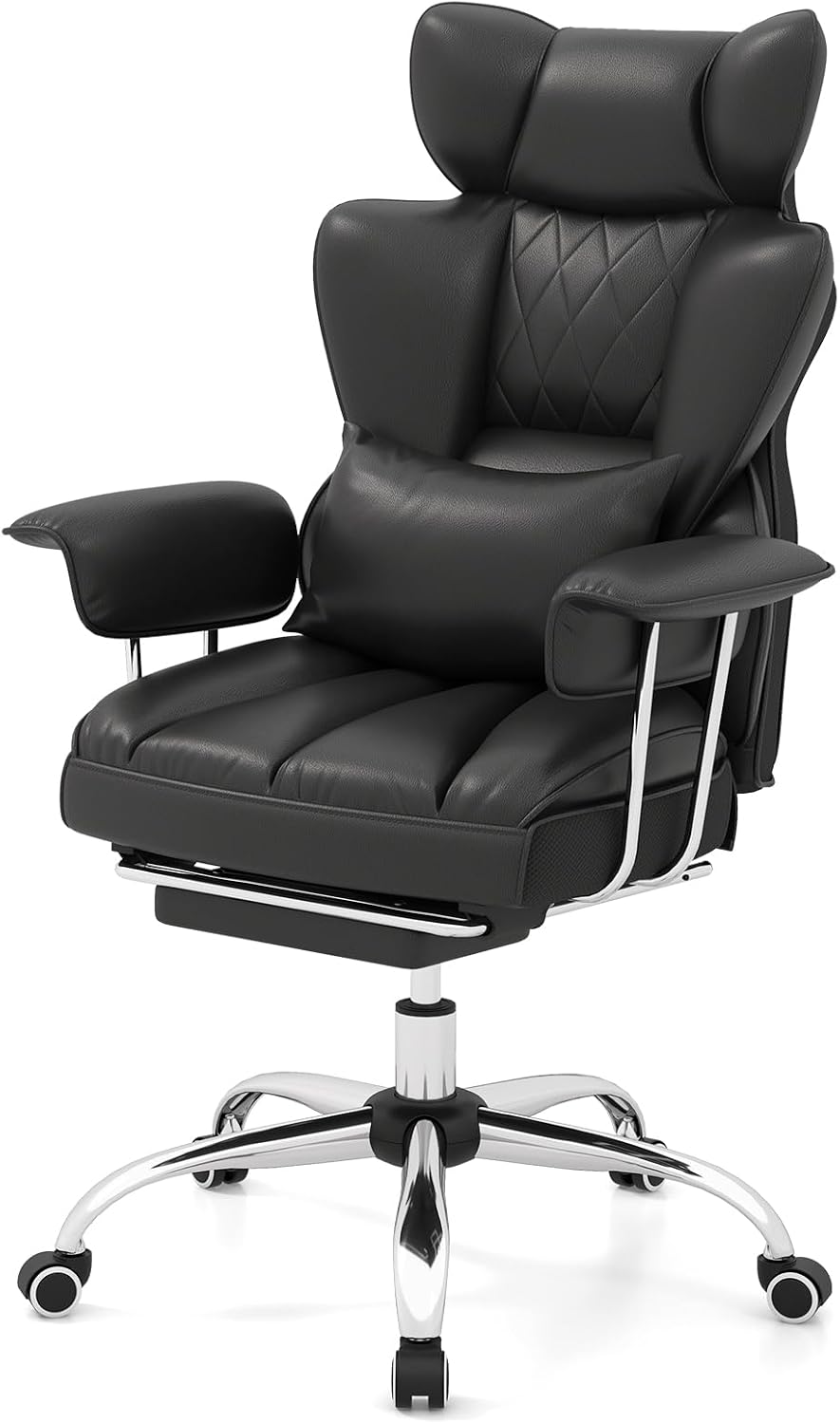 COSTWAY 400 LBS Big and Tall Office Chair, PU Leather Executive Desk Chair w/Retractable Footrest, Reclining Function, Lumbar Support, Ergonomic High Back Home Computer Task Chair (Black)