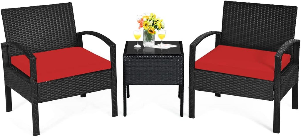 Tangkula 3 PCS Patio Conversation Set, Outdoor Rattan Sofa Set with Seat Cushions & Coffee Table, Patio Wicker Furniture Set for Garden Balcony Backyard Poolside (Red)