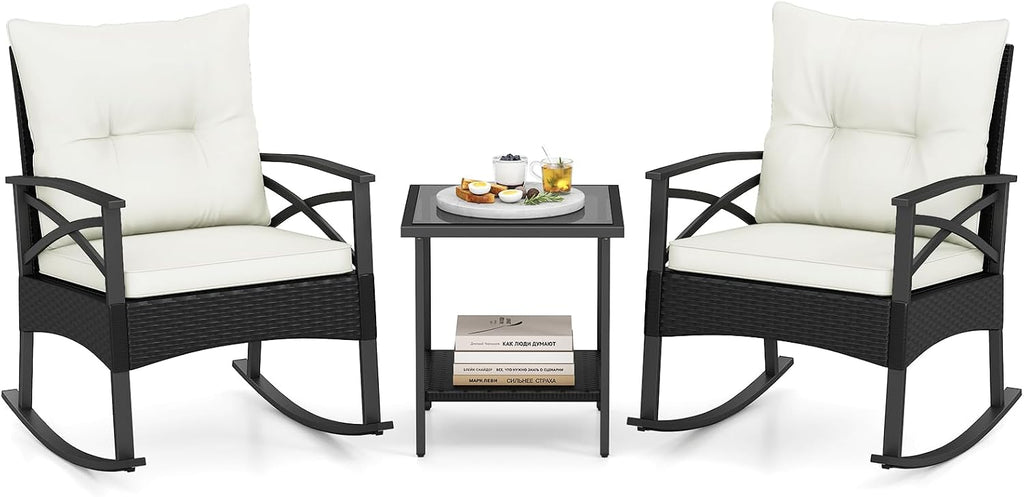 Tangkula 3 Pieces Outdoor Rocking Chairs Set, Rattan Heavy Duty Cushioned Rocker Chairs with 2-Tier Tempered Glass Coffee Table, for Garden, Balcony, Backyard (Black+Beige)