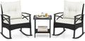 Tangkula 3 Pieces Outdoor Rocking Chairs Set, Rattan Heavy Duty Cushioned Rocker Chairs with 2-Tier Tempered Glass Coffee Table, for Garden, Balcony, Backyard (Black+Beige)