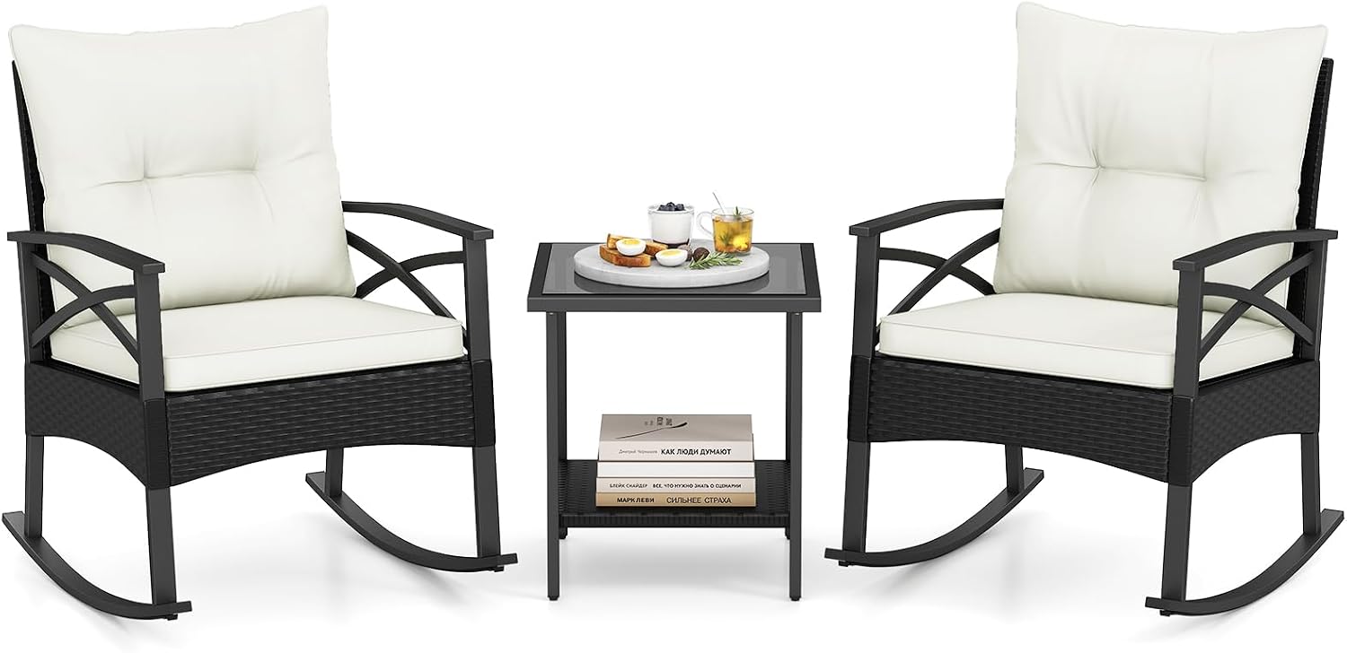 Tangkula 3 Pieces Outdoor Rocking Chairs Set, Rattan Heavy Duty Cushioned Rocker Chairs with 2-Tier Tempered Glass Coffee Table, for Garden, Balcony, Backyard (Black+Beige)