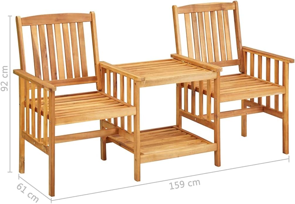 vidaXL Farmhouse Style Patio Chairs with Tea Table and Cushions - Solid Acacia Wood Bistro Set in Blue, Features Shelf for Storage, Requires Assembly