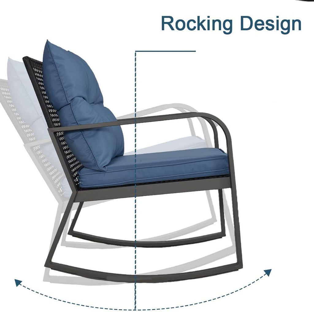 3 Piece Rocking Bistro Patio Set, Outdoor Rocking Chair, Outdoor Bistro Sets Wicker Patio Furniture Rocking Chairs Sectional Couch with Tempered Glass Top Coffee Table & Cushions, Dark Blue