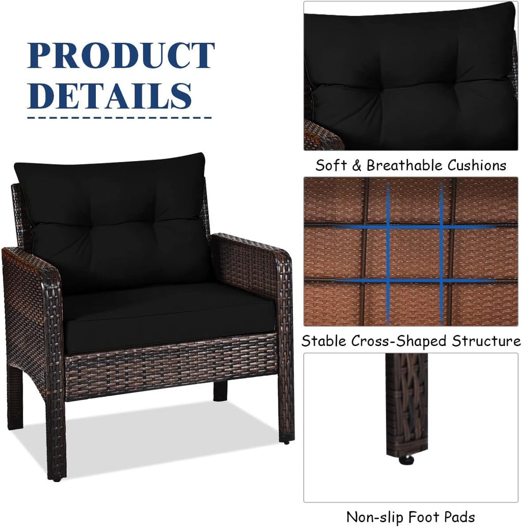 Tangkula 3 Piece Outdoor Patio Furniture Set, Wicker Chairs Set with Glass Top Coffee Table, Thick Cushions, All Weather Garden Lawn Poolside Backyard Porch Furniture Set for 2 (Black)