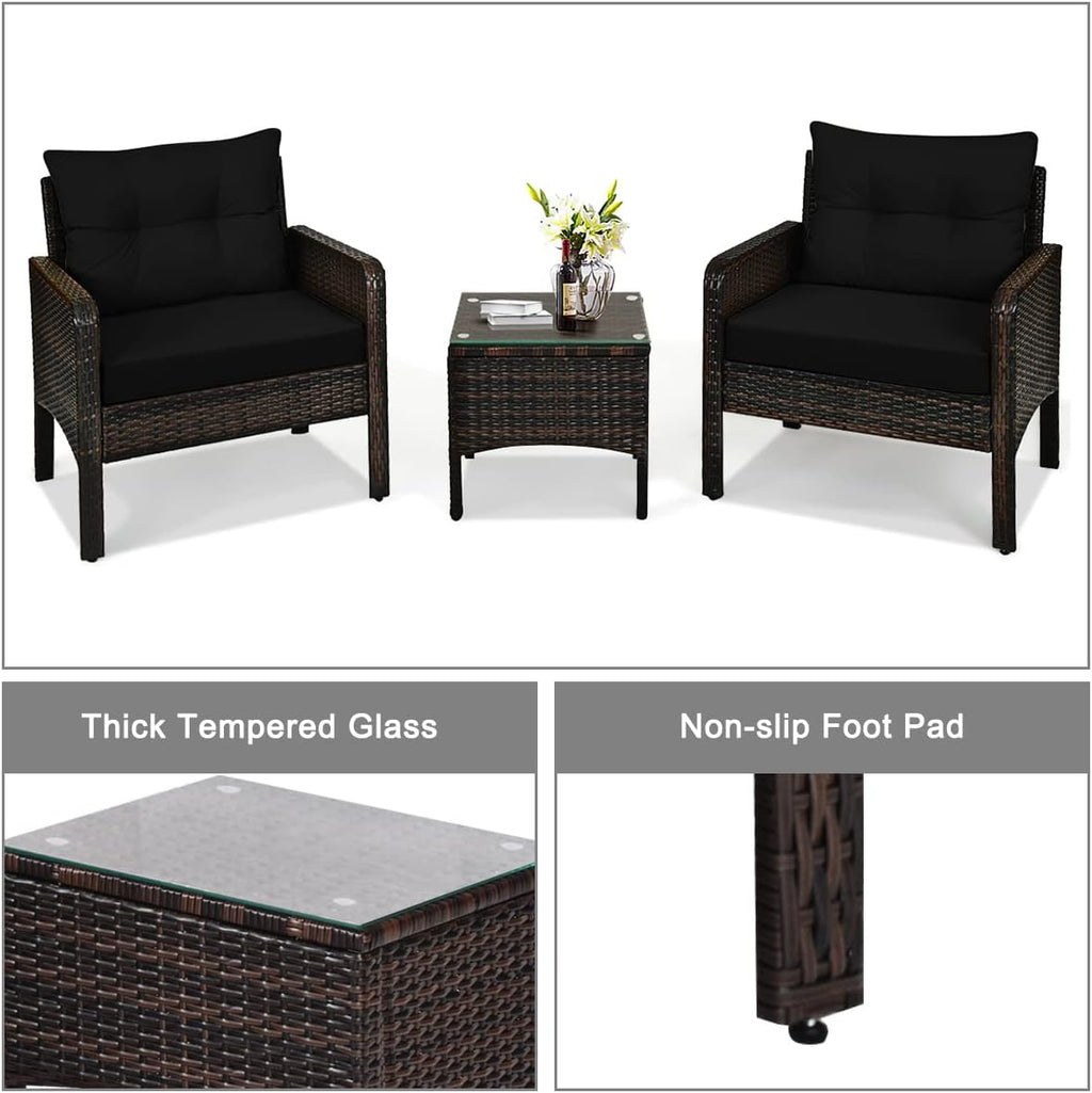 HAPPYGRILL 3 Pieces Patio Conversation Set Outdoor Rattan Wicker Furniture Set with Coffee Table & Chairs Patio Bistro with Seat Cushions for Garden Balcony Backyard Poolside