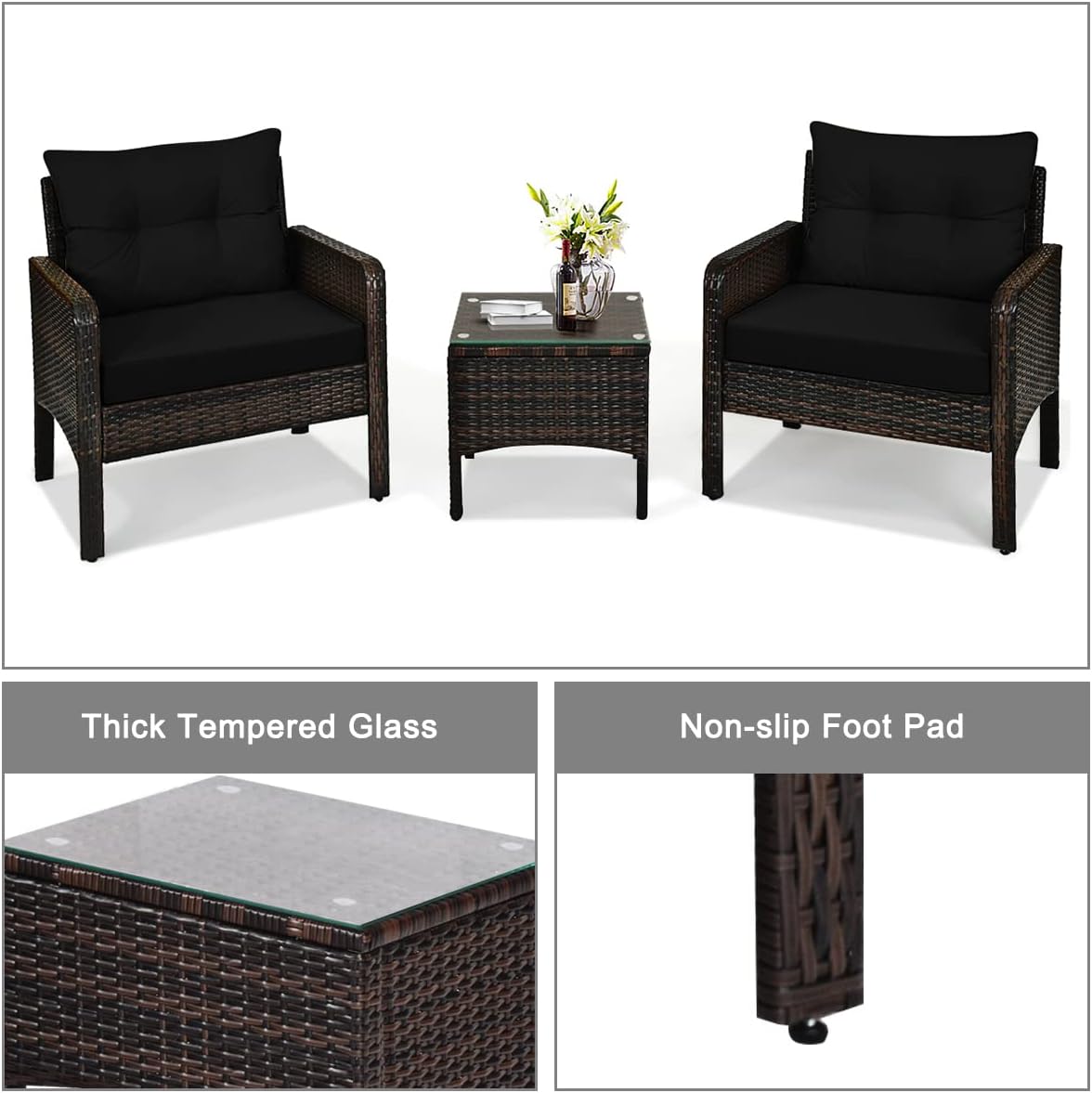 HAPPYGRILL 3 Pieces Patio Conversation Set Outdoor Rattan Wicker Furniture Set with Coffee Table & Chairs Patio Bistro with Seat Cushions for Garden Balcony Backyard Poolside