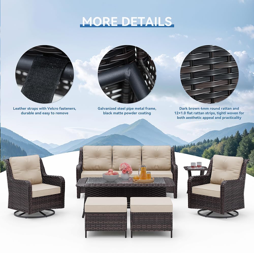 Kurapika 7-Piece Patio Furniture Set, Wicker Thick-Backed Outdoor Swivel Rocking Chair, Includes Coffee Table and Thick Cushions, Conversation Set for Porch,Patio, Sand