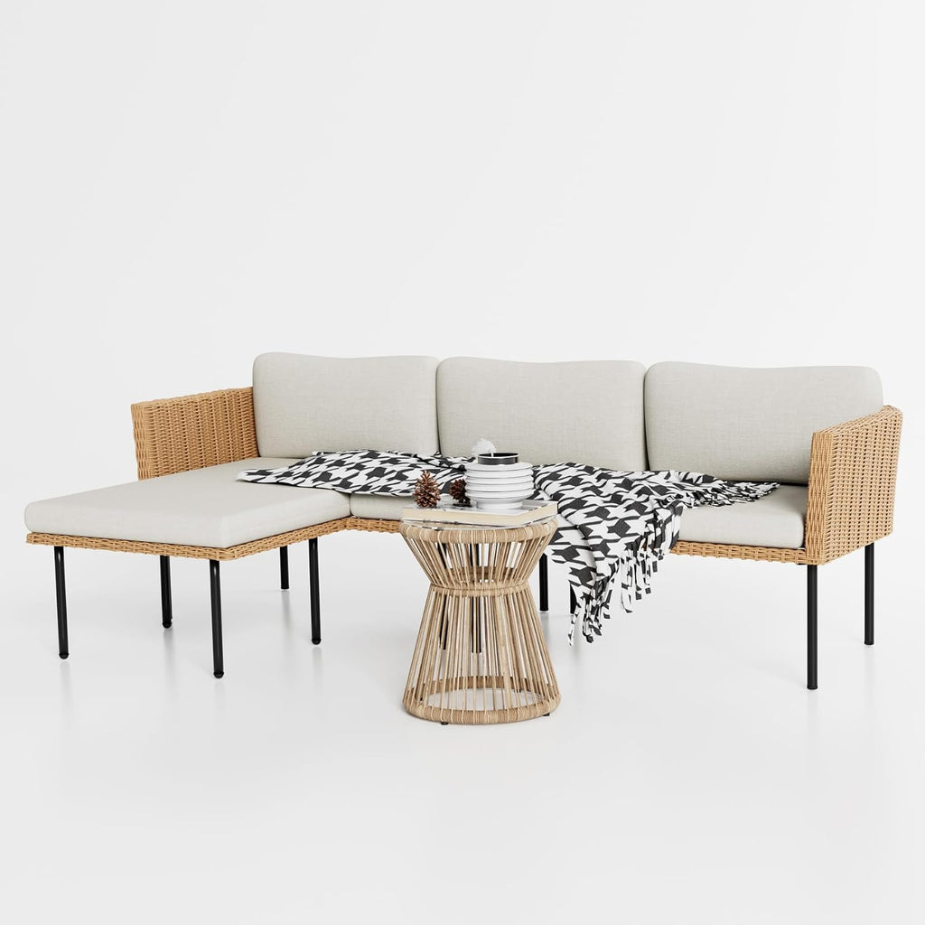 DECMICO 3-Piece Patio Furniture Set, L-Shaped Outdoor Sectional Sofa with Thick Cushions, All-Weather Rattan Conversation Set, Boho Style Detachable 3-Seater Lounger (Beige)