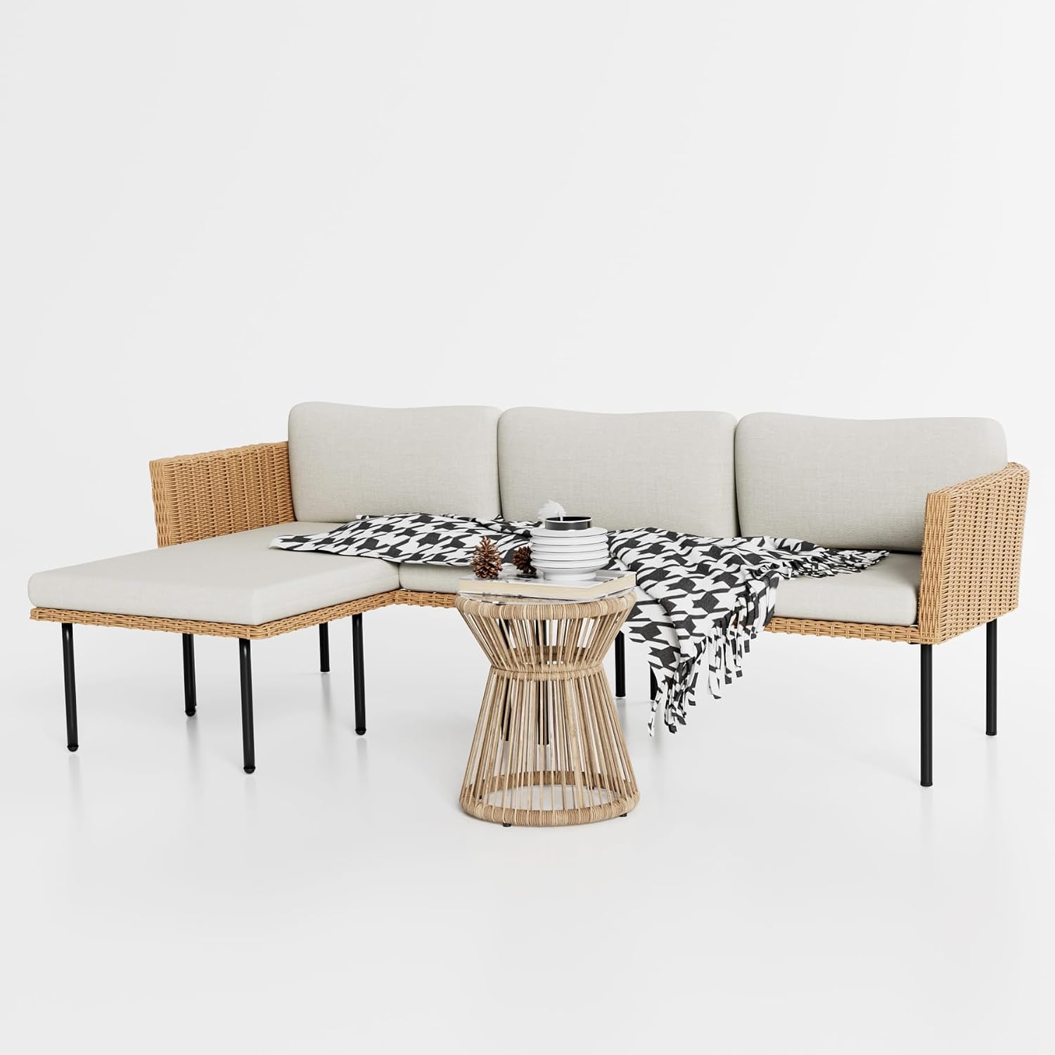 DECMICO 3-Piece Patio Furniture Set, L-Shaped Outdoor Sectional Sofa with Thick Cushions, All-Weather Rattan Conversation Set, Boho Style Detachable 3-Seater Lounger (Beige)