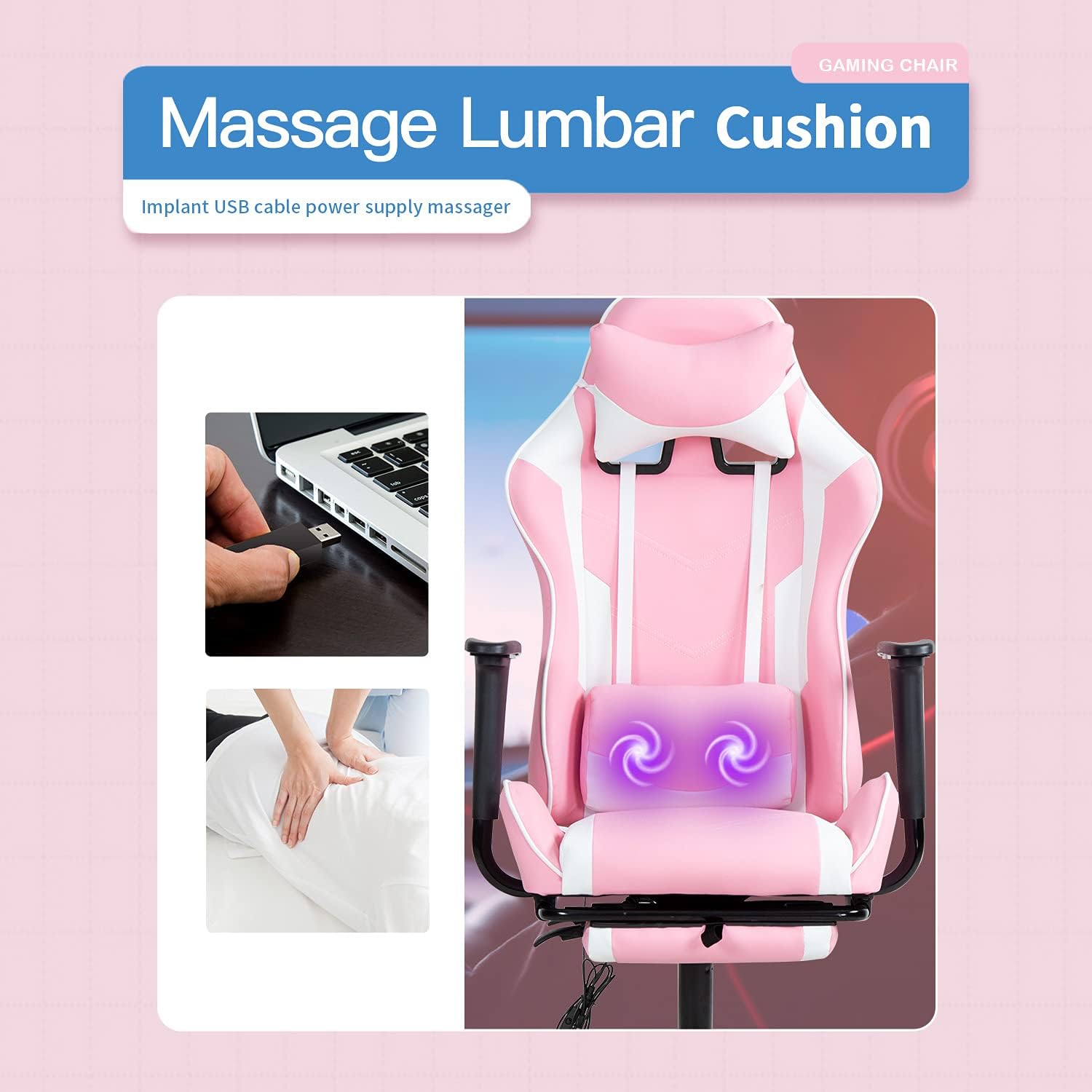 BestOffice Women's Pink Faux Leather PC Gaming Chair with Lumbar Support, Swivel and Adjustable Armrests