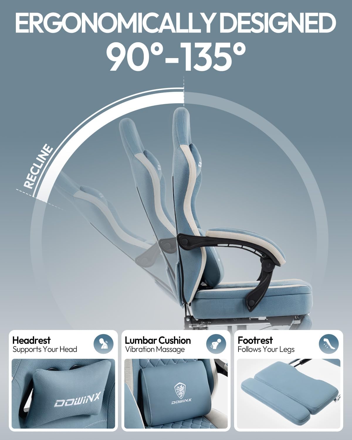 Dowinx Gaming Chair Breathable Fabric Game Chair with Gel Pad and Storage Bag, Comfortable Gamer Chair with Pocket Spring Cushion, Ergonomic Computer Chair with Footrest, Blue and White