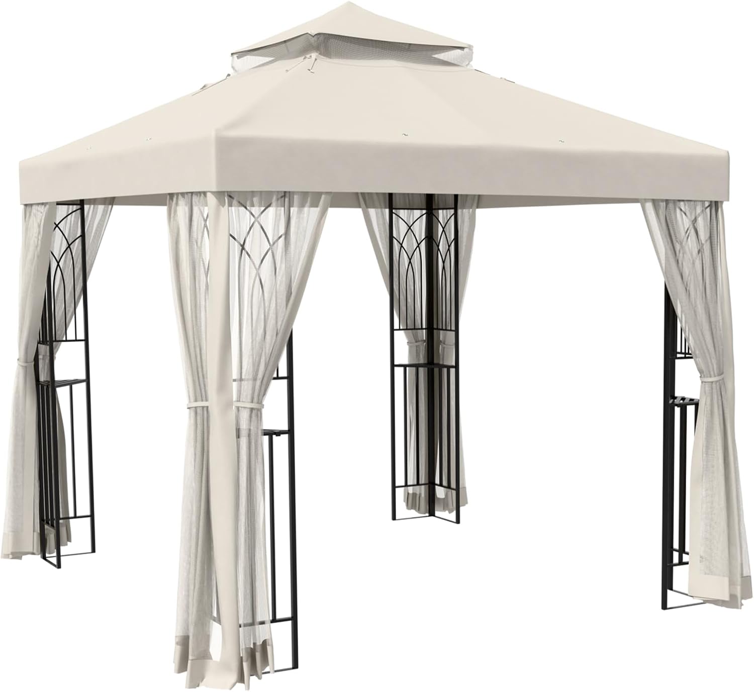 8x8 Outdoor Gazebo Tent with Netting and Corner Shelves, Double Roof Patio Gazebo with Soft Fabric Top, Outdoor Pavilion for Backyard Patio Garden Lawn, Beige