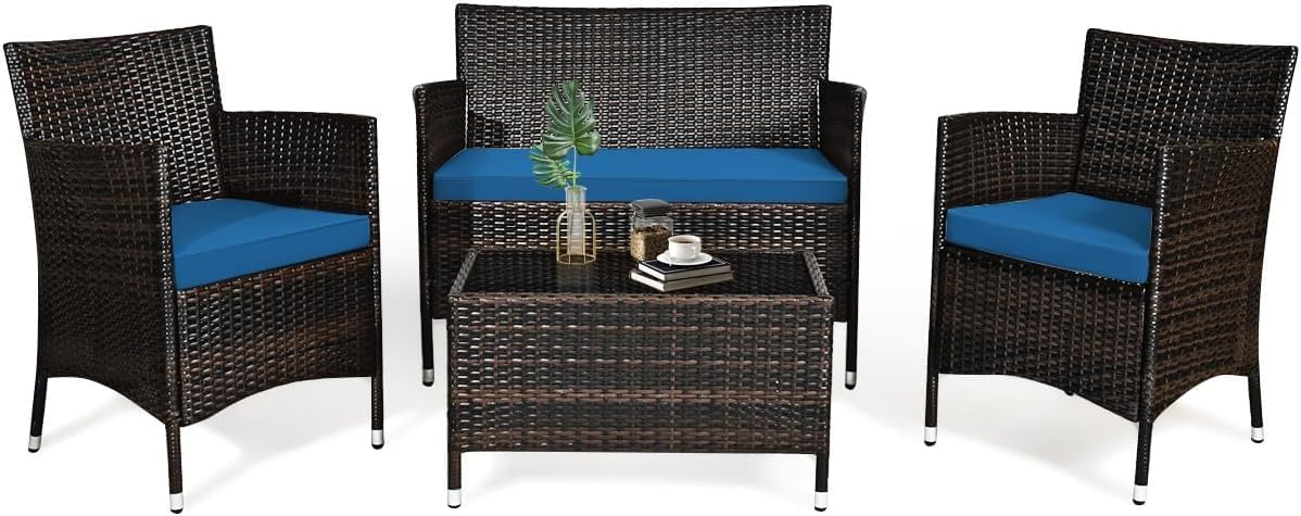 HOMGX 4-Piece Rattan Patio Furniture Set, Sectional Sofa Chair, Wicker Set with Tempered Glass Coffee Table & Thick Cushions, Perfect for Garden, Lawn, Poolside, Backyard (Peacock Blue)