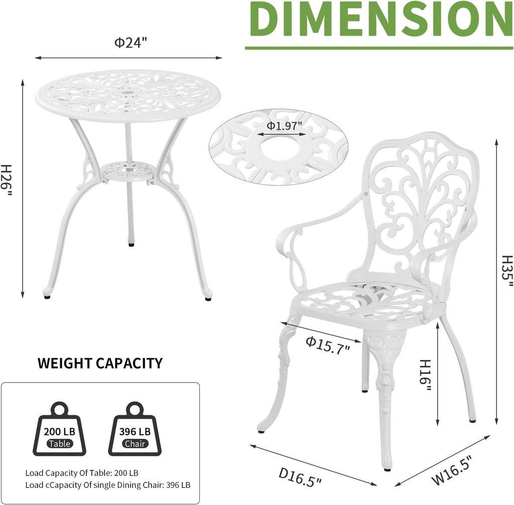 Patio Bistro Set 3 Piece Cast Aluminum Outdoor Bistro Set, Rust Resistance Bistro Table and Chairs of 2 with Umbrella Hole, Small Patio Set for Garden Outside, White