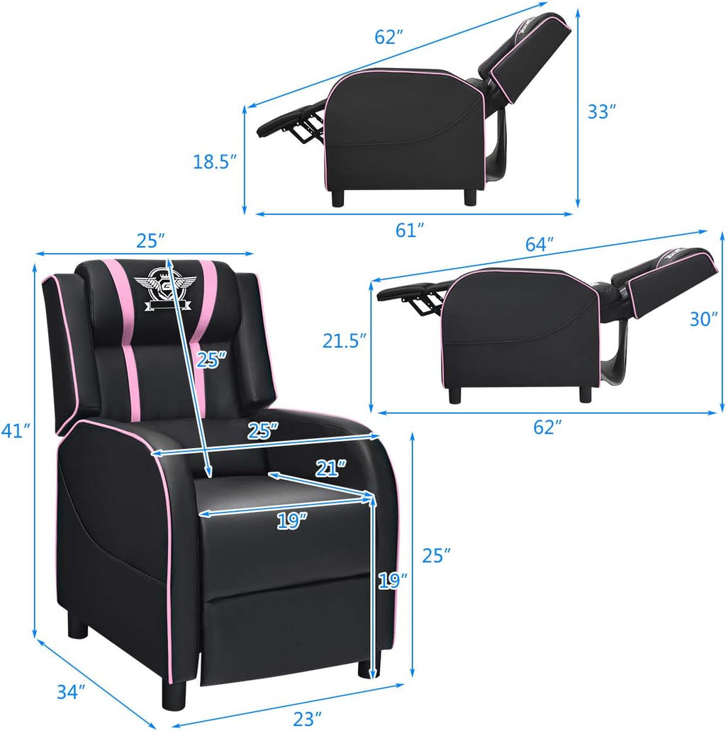 Giantex Gaming Recliner Chair, Adjustable Massage Gaming Chairs for Adults, Ergonomic Comfortable Lounge Leather Sofa w/Footrest, Remote Control & Side Pocket, Racing Style Single Sofa Recliners, Pink